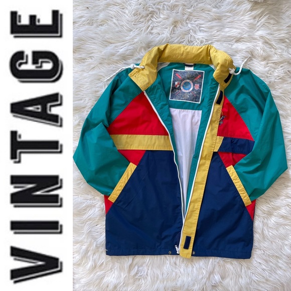 EUC vintage colour block windbreaker full-zip jacket with hidden hoodie, Size L - Picture 13 of 15